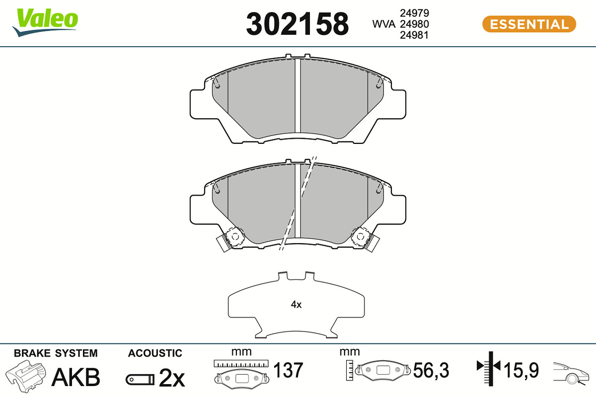 Jeu de 4 plaquettes de frein VALEO ref. 302158